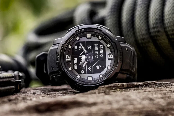 Image of the new Garmin Instinct Crossover rugged hybrid smartwatch.